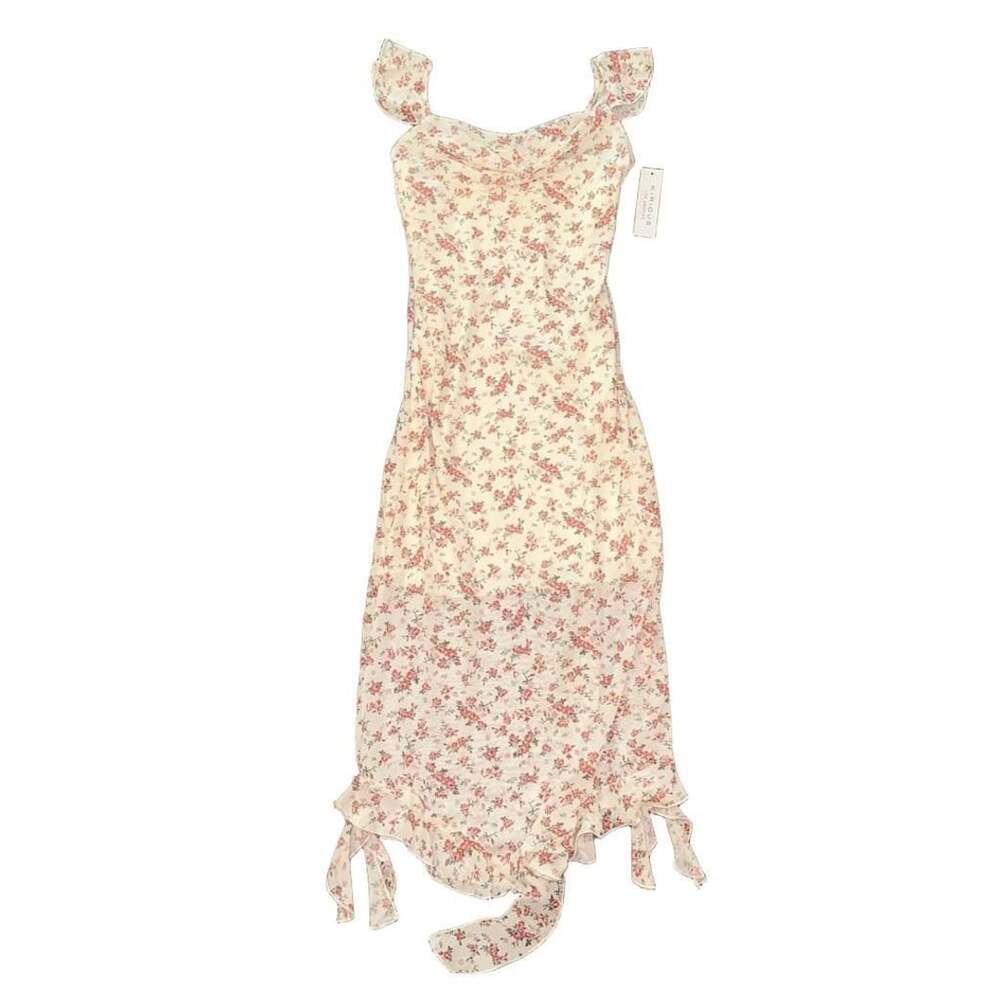 NWT Kirious Women's XS White Pink Floral Midi Dress Ruched Ruffle